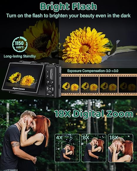 5K Digital Camera for Photography - WiFi 75MP Vlogging Camera for YouTube - UHD Autofocus Video Cameras 3" 180° Flip Screen with 18X Zoom - Compact Vlog Travel Cameras with 32GB SD Card 2 Batteries - Image 3