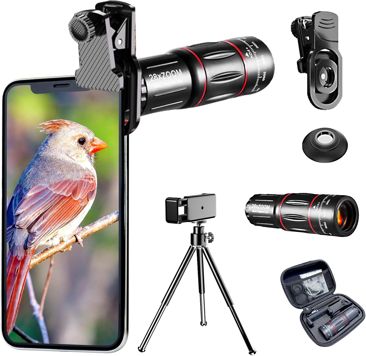 28x Telephoto Magnification HD Phone Camera Lens 5 in 1 Kit for iPhone and Android with Tripod + Telephone Lens + Lens Cover + Clips, Support Hand-held, Eye View, Spot Shooting, 4K HD Telephoto