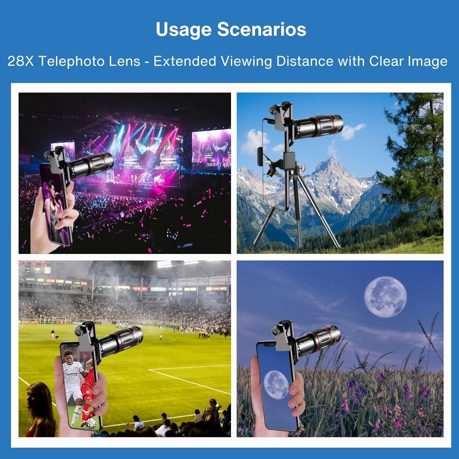 28x Telephoto Magnification HD Phone Camera Lens 5 in 1 Kit for iPhone and Android with Tripod + Telephone Lens + Lens Cover + Clips, Support Hand-held, Eye View, Spot Shooting, 4K HD Telephoto - Image 3