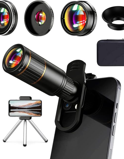 Updated COSULAN Phone Camera Lens Kit 4-in-1, Come with 22X Telephoto Lens, 205° Fisheye Lens, 4K 0.67X Wide Angle Lens, 25X Macro Lens, Clip, and Phone Mini Tripod for iPhone and Android Phone Series