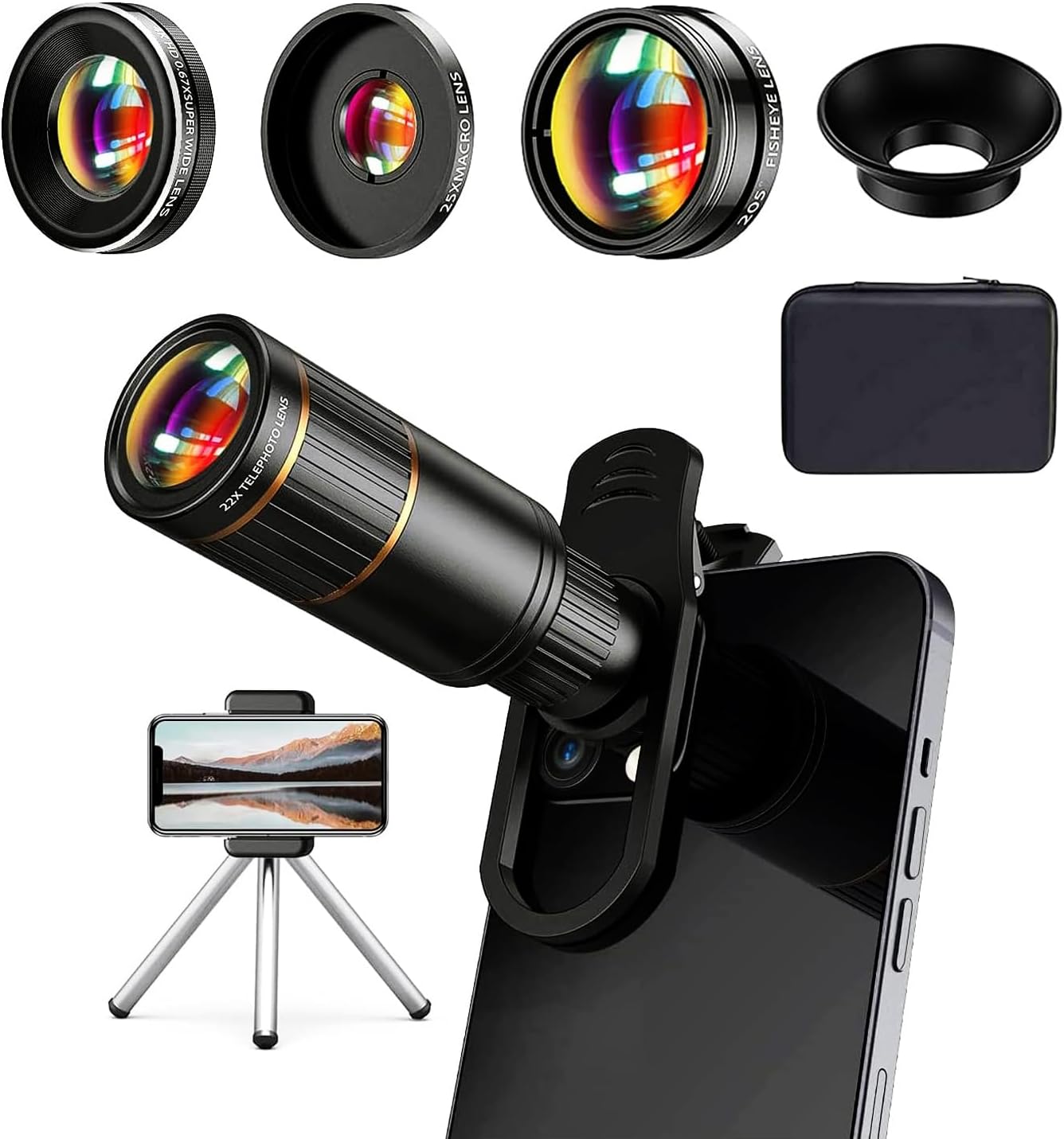 Updated COSULAN Phone Camera Lens Kit 4-in-1, Come with 22X Telephoto Lens, 205° Fisheye Lens, 4K 0.67X Wide Angle Lens, 25X Macro Lens, Clip, and Phone Mini Tripod for iPhone and Android Phone Series