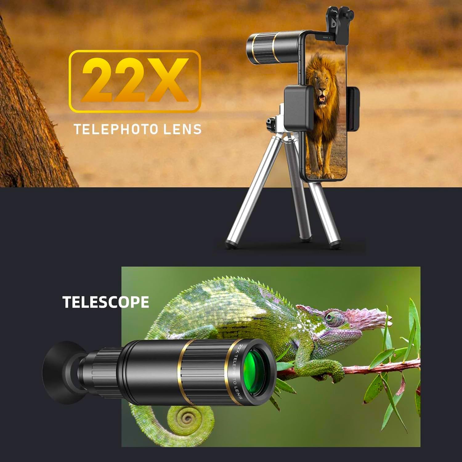 Updated COSULAN Phone Camera Lens Kit 4-in-1, Come with 22X Telephoto Lens, 205° Fisheye Lens, 4K 0.67X Wide Angle Lens, 25X Macro Lens, Clip, and Phone Mini Tripod for iPhone and Android Phone Series - Image 3